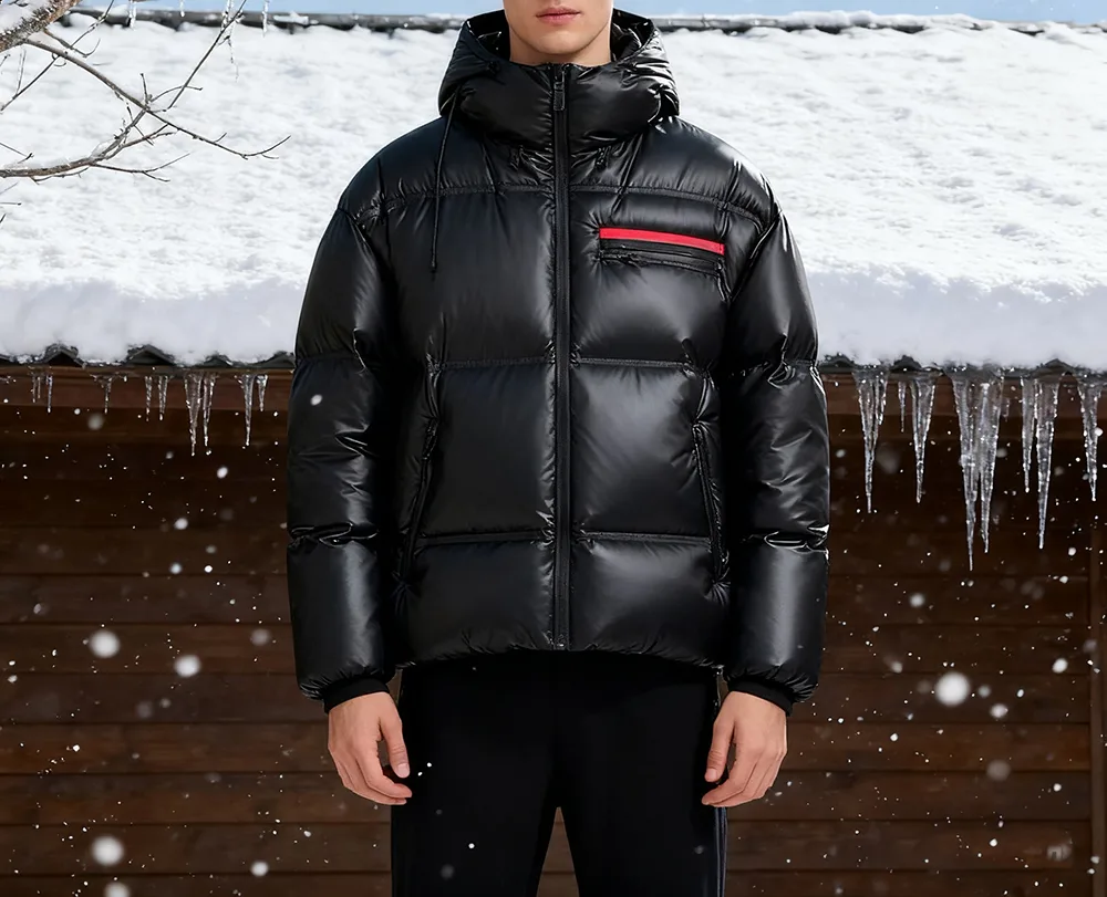 Unisex Glossy Hooded Puffer Jacket — Black — Black, worn, snowy backdrop