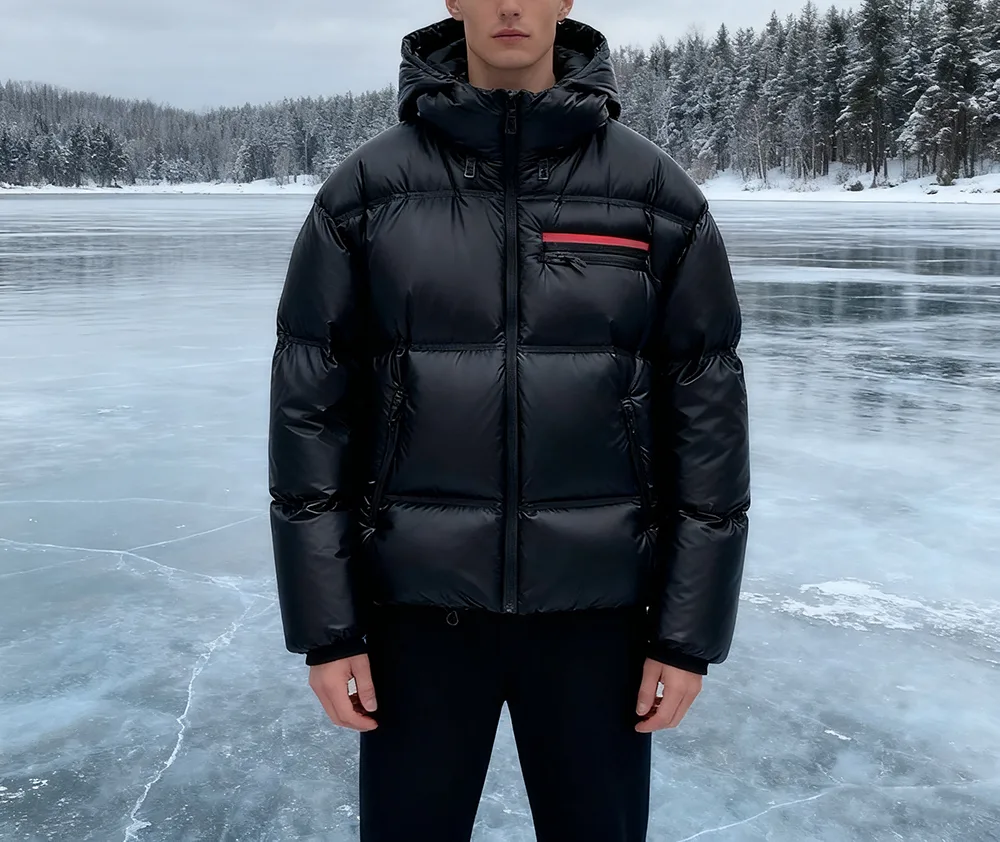 Unisex Glossy Hooded Puffer Jacket — Black — Black, worn, frozen-lake backdrop