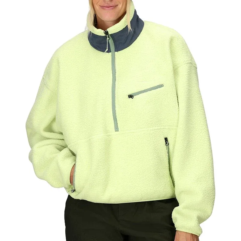 Unisex Half-Zip Fleece Jacket — Yellow & Dark Navy — Yellow, front view, worn