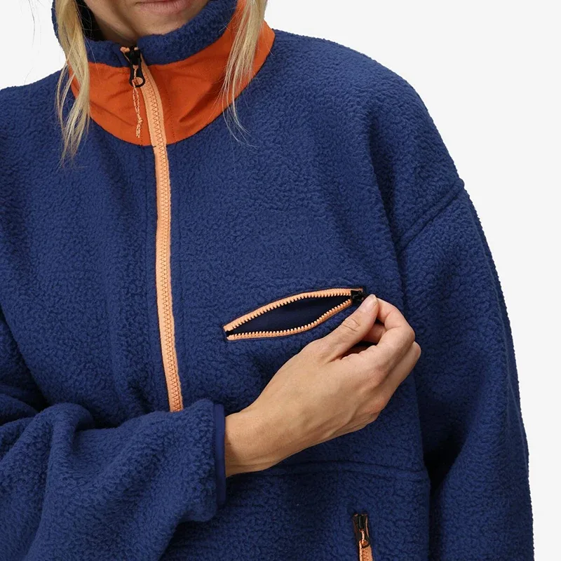 Unisex Half-Zip Fleece Jacket — Yellow & Dark Navy — Dark Navy, worn detail