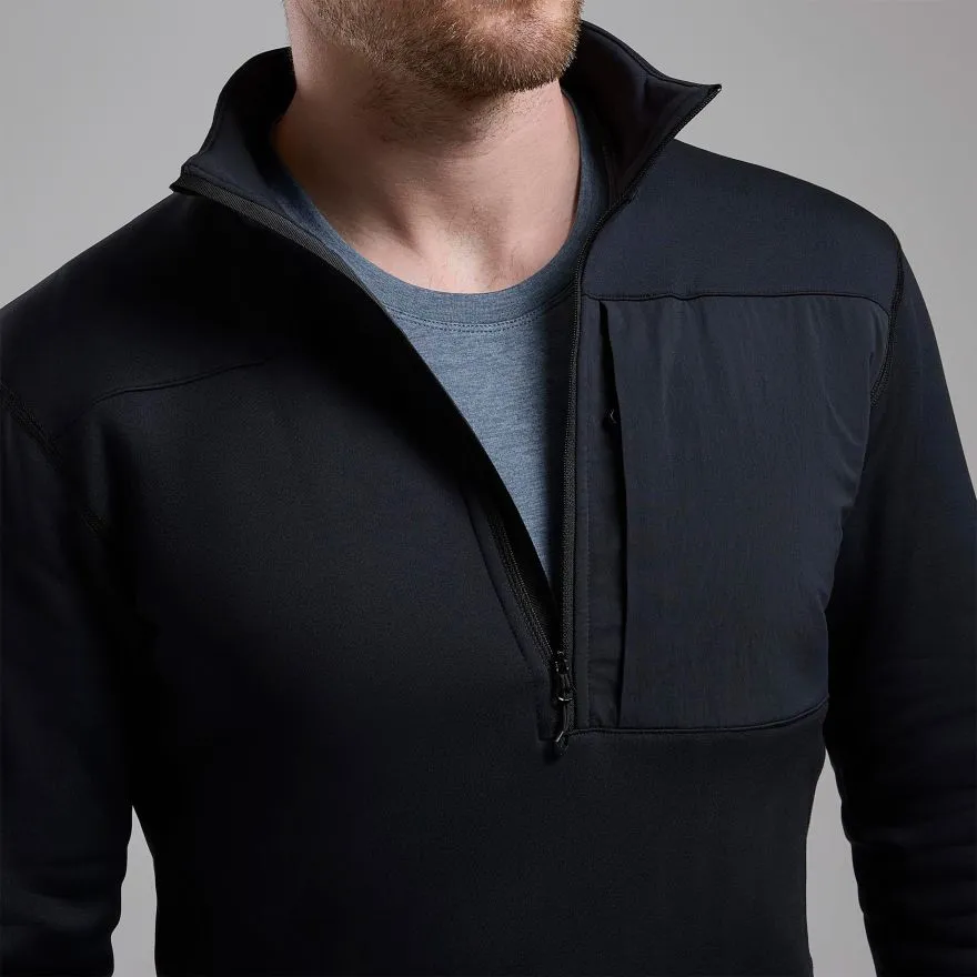 Unisex Half-Zip Fleece Pullover — Olive & Black — Black, model close-up