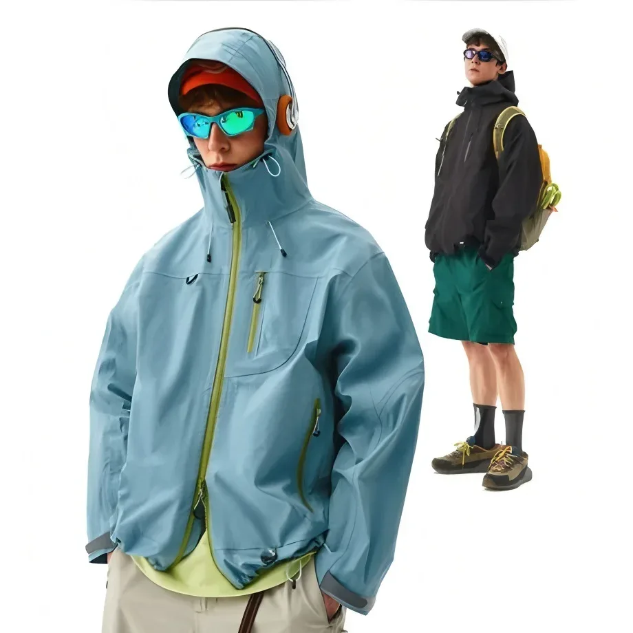 Unisex Hardshell Jacket — Light Blue, worn, hood up