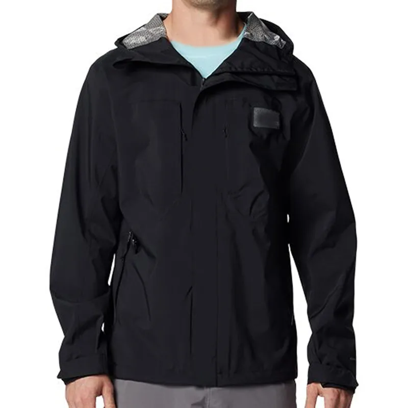 Unisex Hardshell Jacket — Light Green & Black — Black, front view, worn