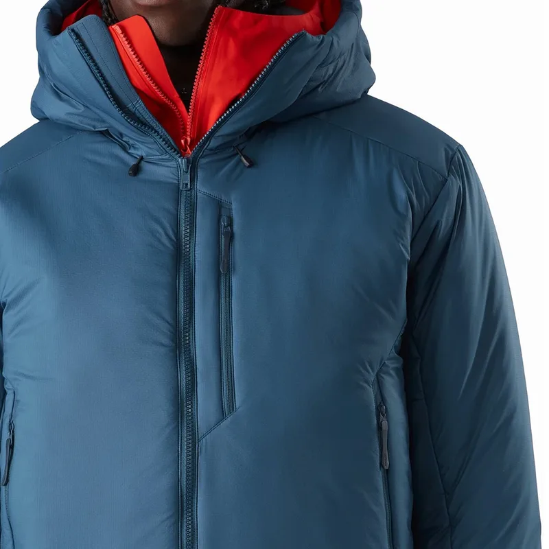 Unisex Hooded Down Parka — Slate Blue, collar and lining detail