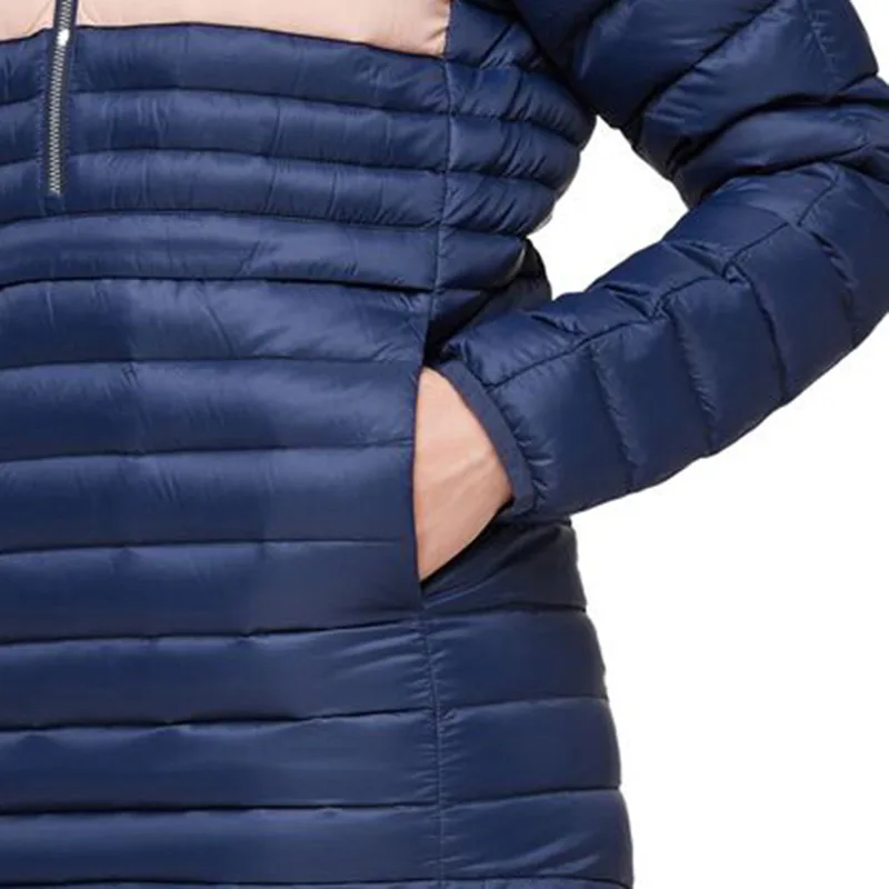 Unisex Hooded Half-Zip Quilted Jacket — Navy — Navy, side and pocket detail, worn