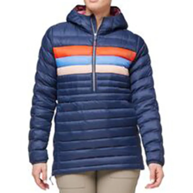 Unisex Hooded Half-Zip Quilted Jacket — Navy — Navy, front view, worn