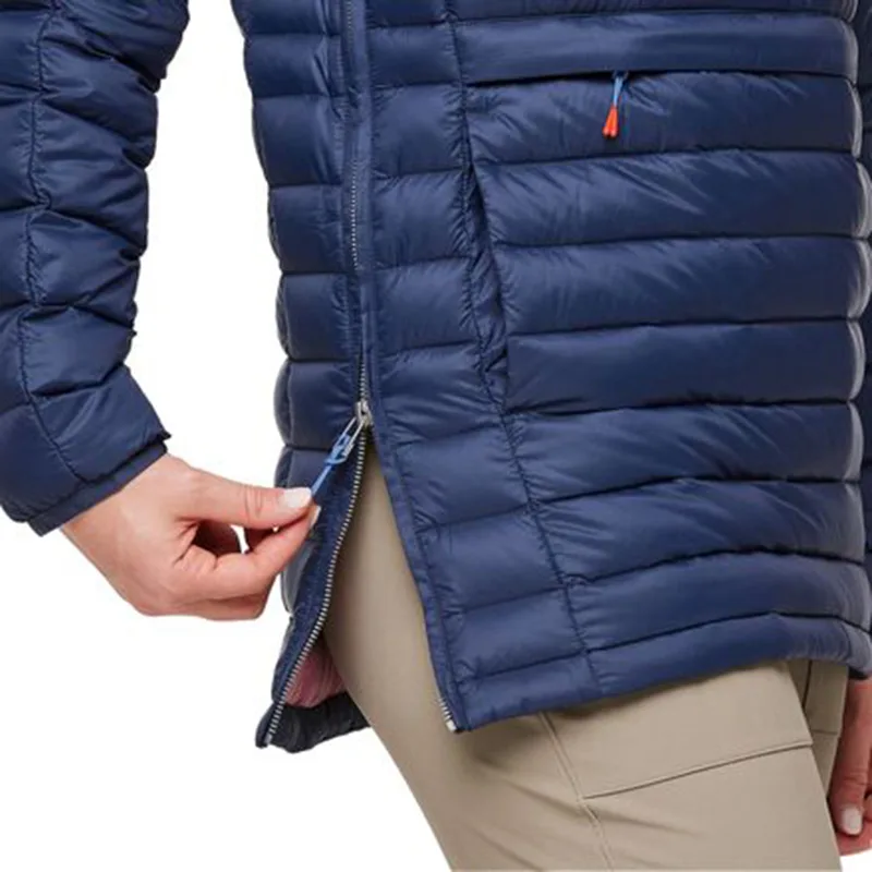 Unisex Hooded Half-Zip Quilted Jacket — Navy — Navy, side hem zip detail