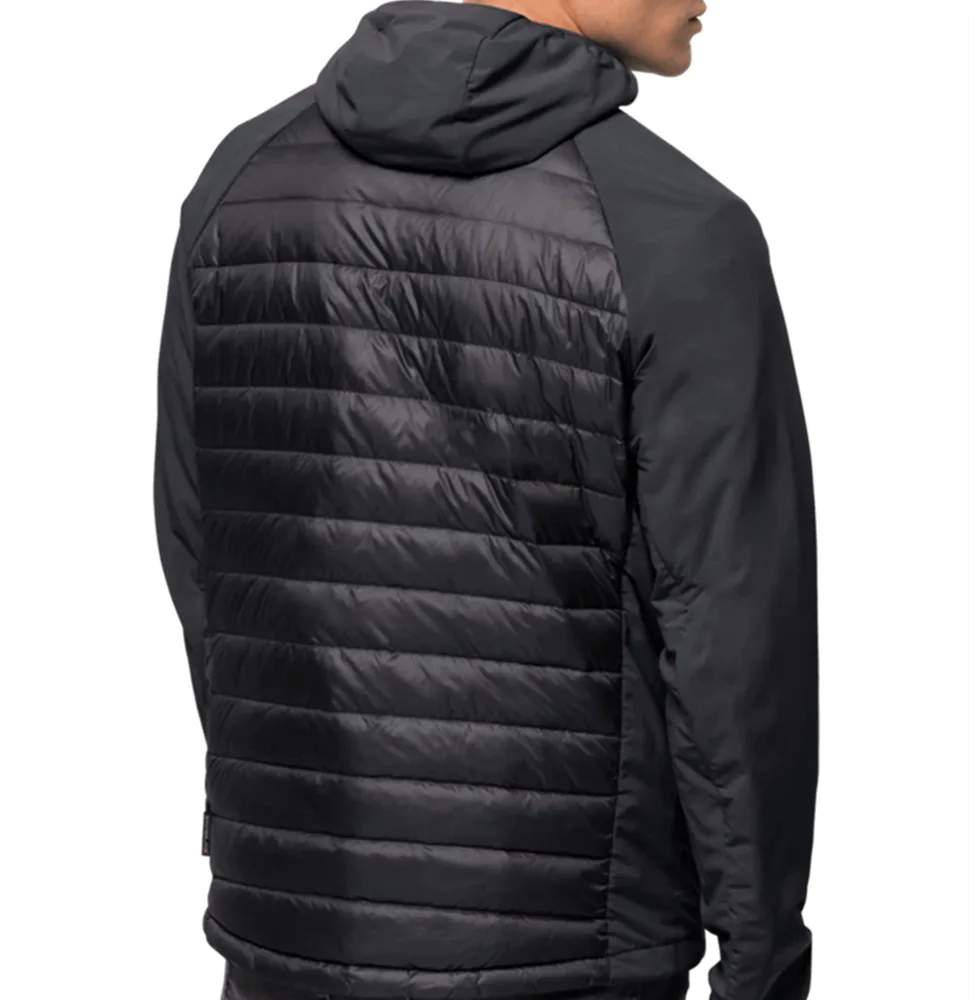 Unisex Hooded Hybrid Jacket — Black — Black, back view, worn