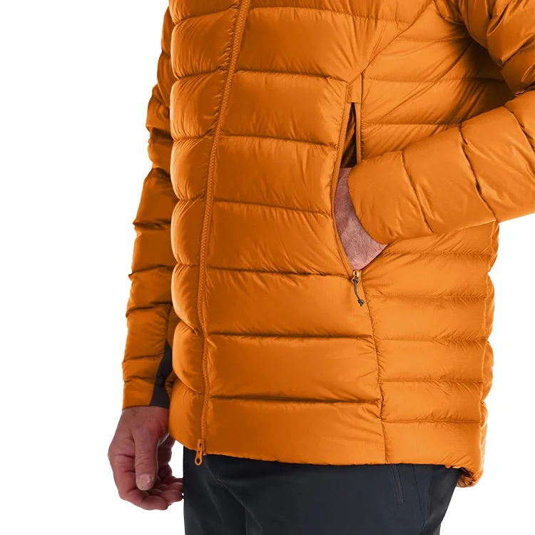 Unisex Hooded Padded Jacket — Orange — Orange, side zip pocket detail