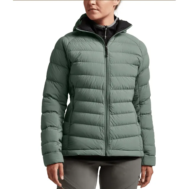 Unisex Hooded Puffer Jacket — Sage — Sage, front view, worn
