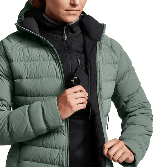 Unisex Hooded Puffer Jacket — Sage — Sage, collar and zip detail, worn