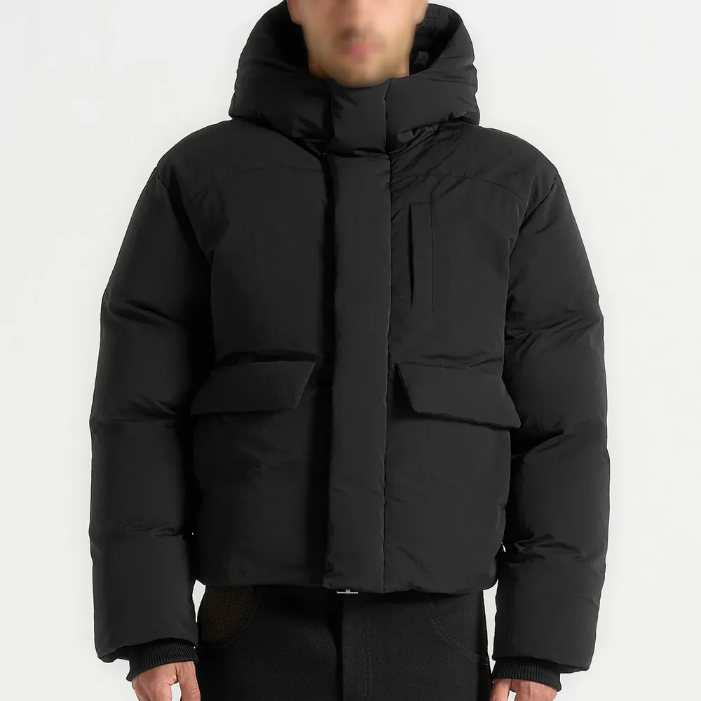 Unisex Hooded Puffer Jacket — Taupe & Black — Black, front view, worn