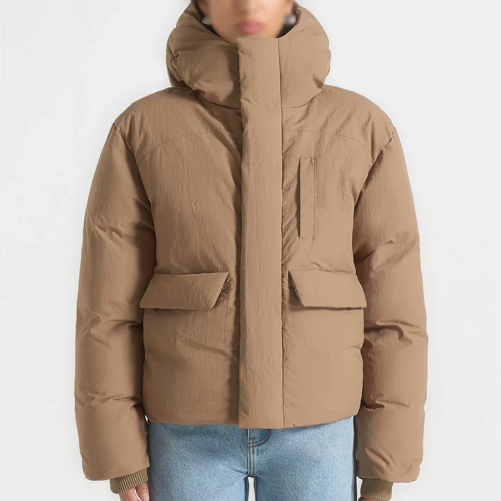 Unisex Hooded Puffer Jacket — Taupe & Black — Taupe, front view, worn