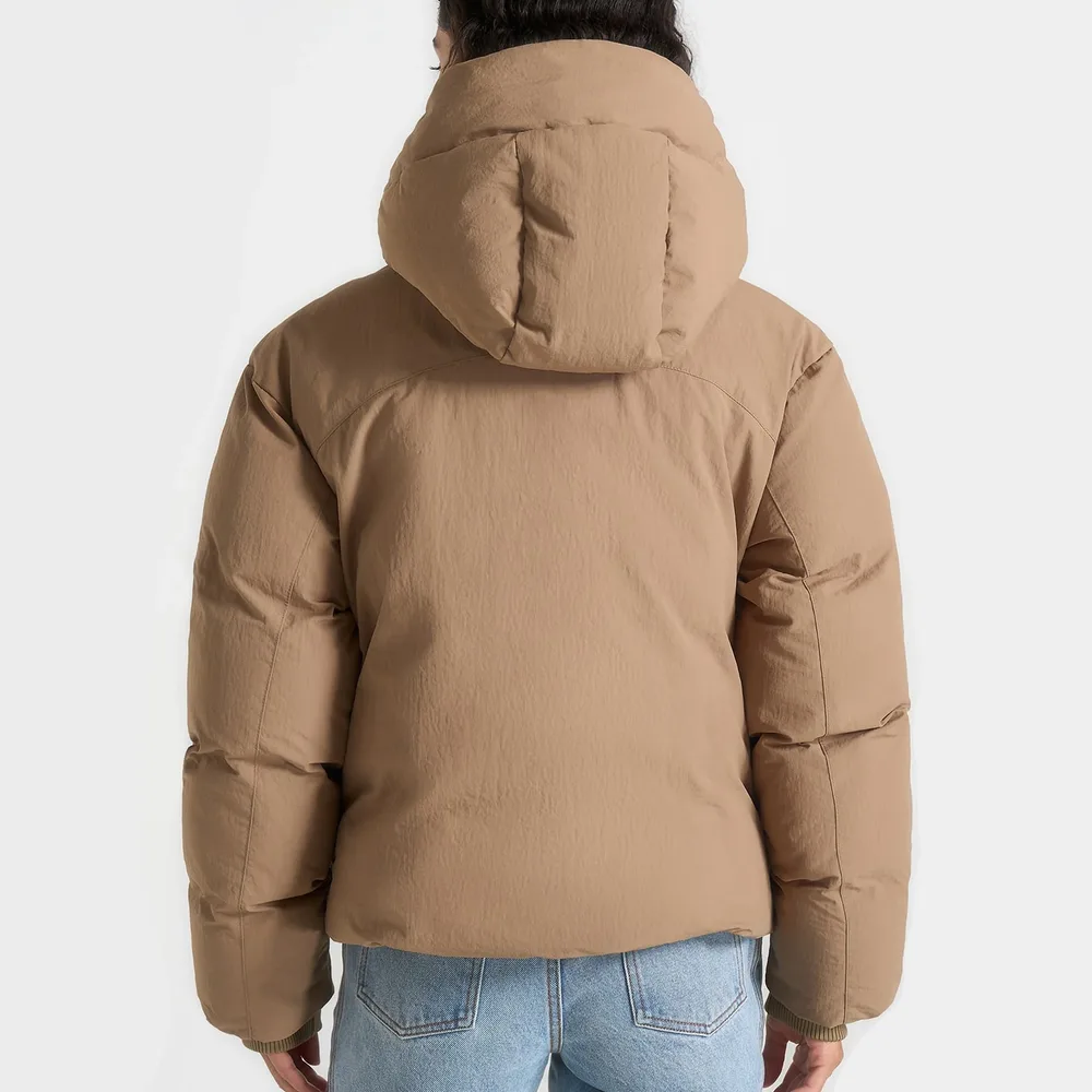 Unisex Hooded Puffer Jacket — Taupe & Black — Taupe, back view, worn