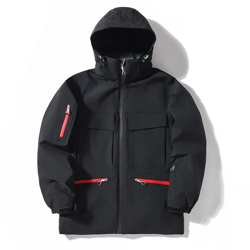 Unisex hooded insulated ski jacket in Black — high collar and flap chest pockets, flat lay