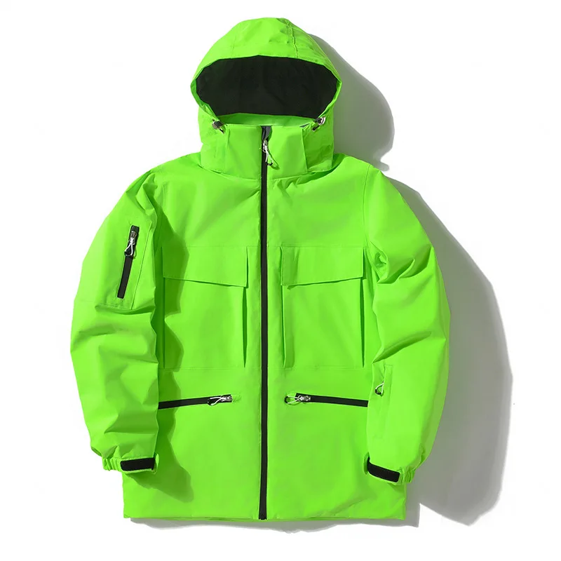Unisex hooded insulated ski jacket in Green — high collar and flap chest pockets, flat lay