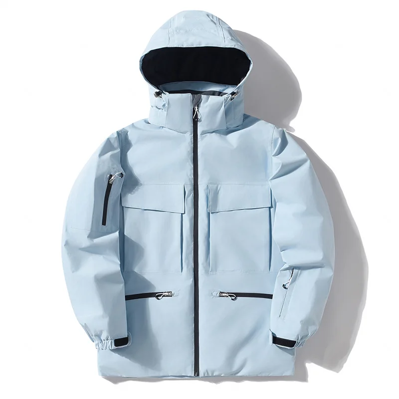 Unisex hooded insulated ski jacket in Light Blue — high collar and flap chest pockets, flat lay