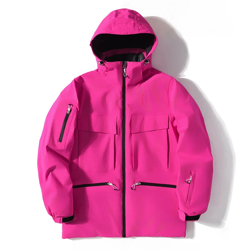 Unisex hooded insulated ski jacket in Rose — high collar and flap chest pockets, flat lay