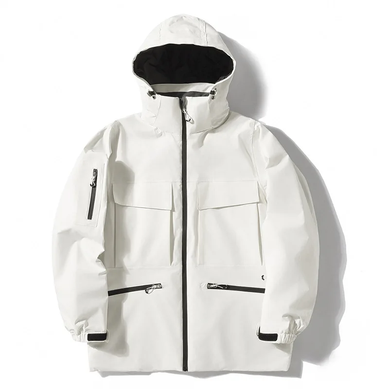 Unisex hooded insulated ski jacket in White — high collar and flap chest pockets, flat lay