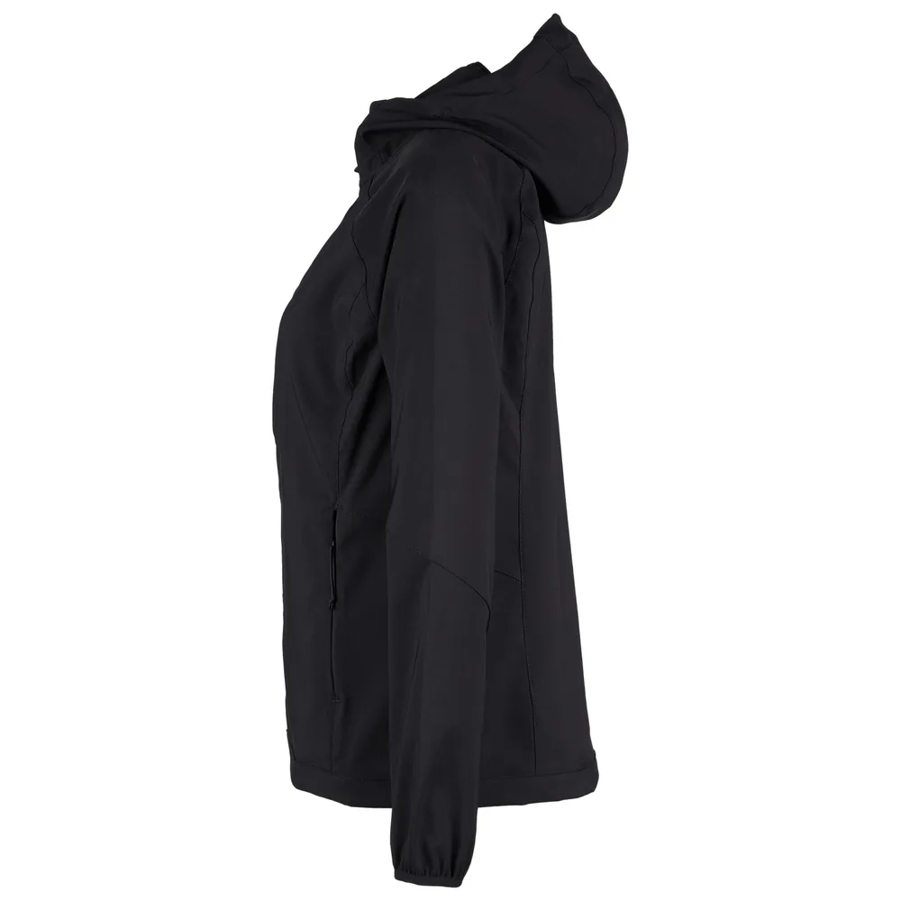 Unisex Hooded Softshell Jacket — Dark Purple & Black — Black, side view with hood