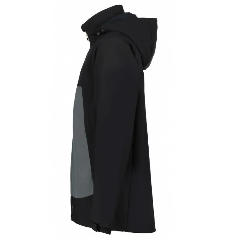 Unisex Hooded Softshell Jacket — Charcoal & Black — Charcoal & Black, side view, hood up