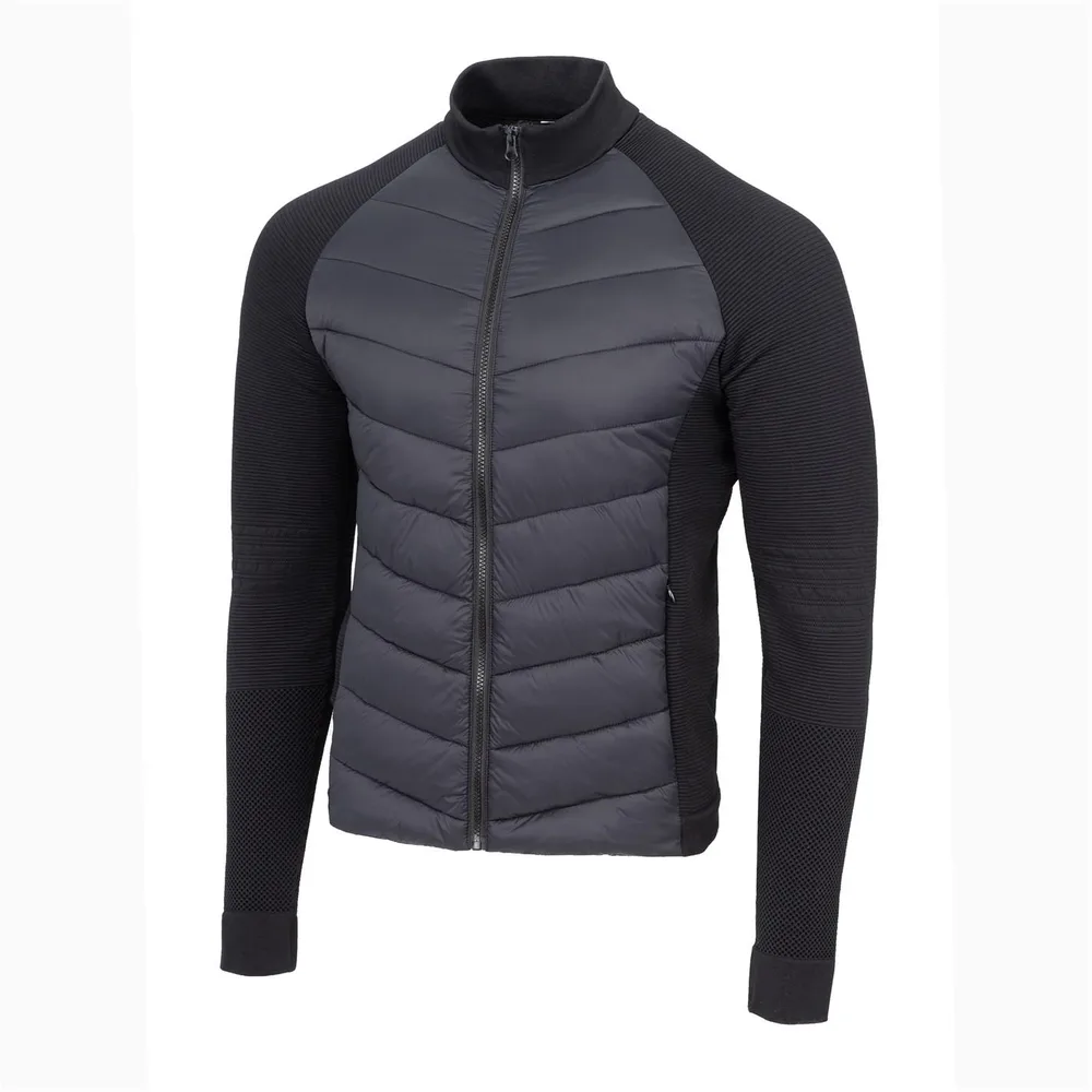 Unisex Hybrid Jacket — Charcoal with Knit Sleeves — Charcoal & Black Knit, three-quarter front view