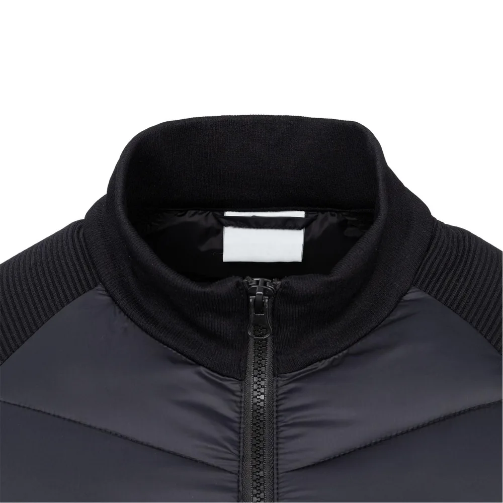 Unisex Hybrid Jacket — Charcoal with Knit Sleeves — Charcoal & Black Knit, collar and label detail