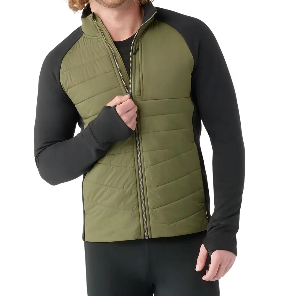 Unisex Hybrid Quilted Jacket — 4 Colourways — Olive & Black, front view, worn