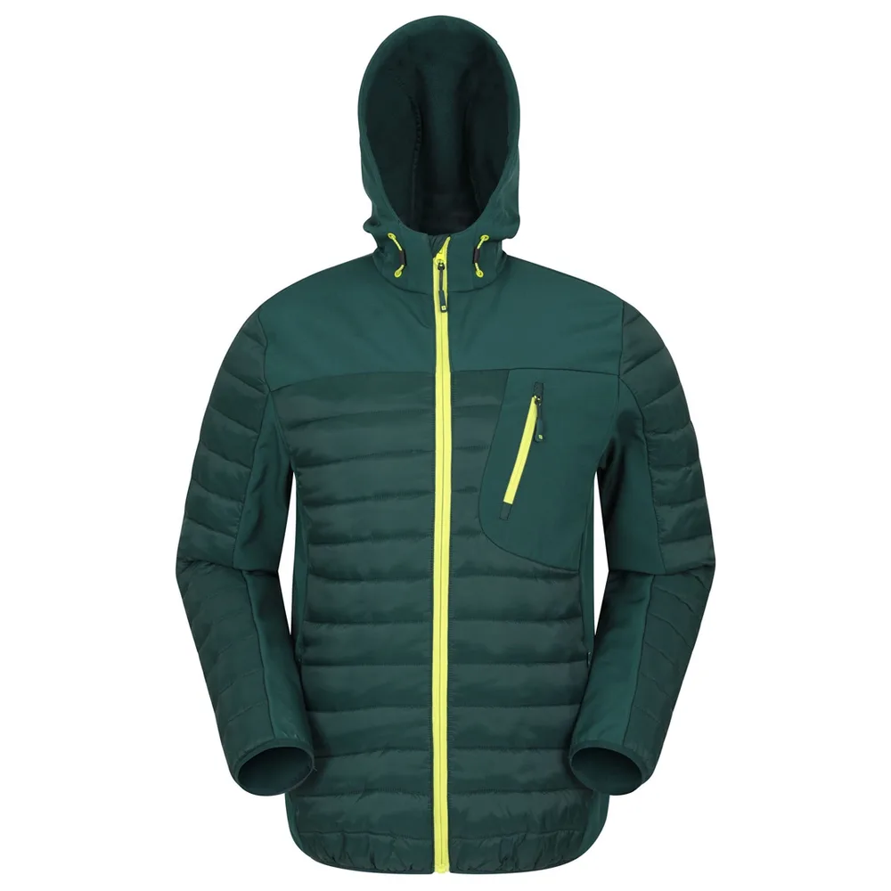 Unisex Hybrid Softshell Puffer Jacket — Army Green — Army Green, front view, hood up