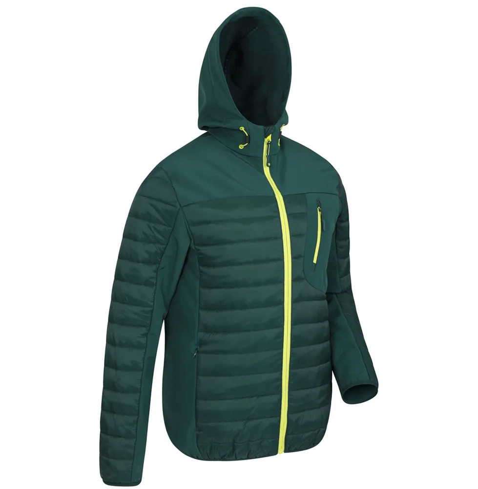 Unisex Hybrid Softshell Puffer Jacket — Army Green — Army Green, three-quarter front view, hood up