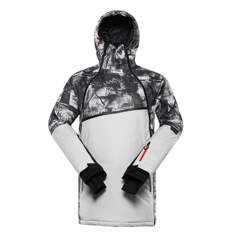 Unisex Insulated Anorak Ski Jacket — 2 Colourways — Black & White Ink Print, front view