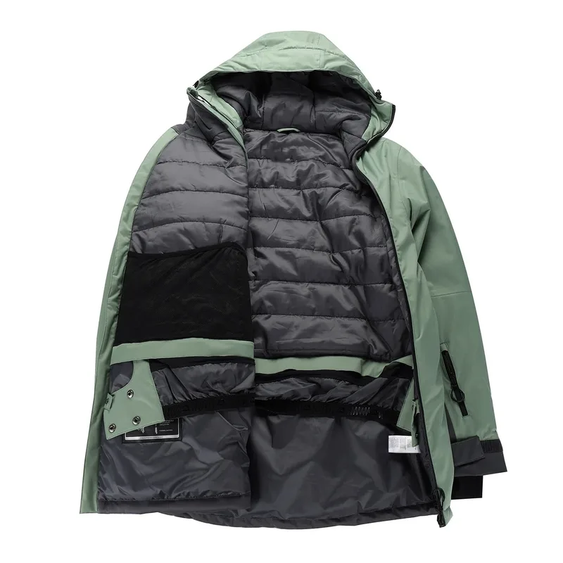 Unisex Insulated Anorak Ski Jacket — 2 Colourways — Sage Green, open view, showing the quilted lining
