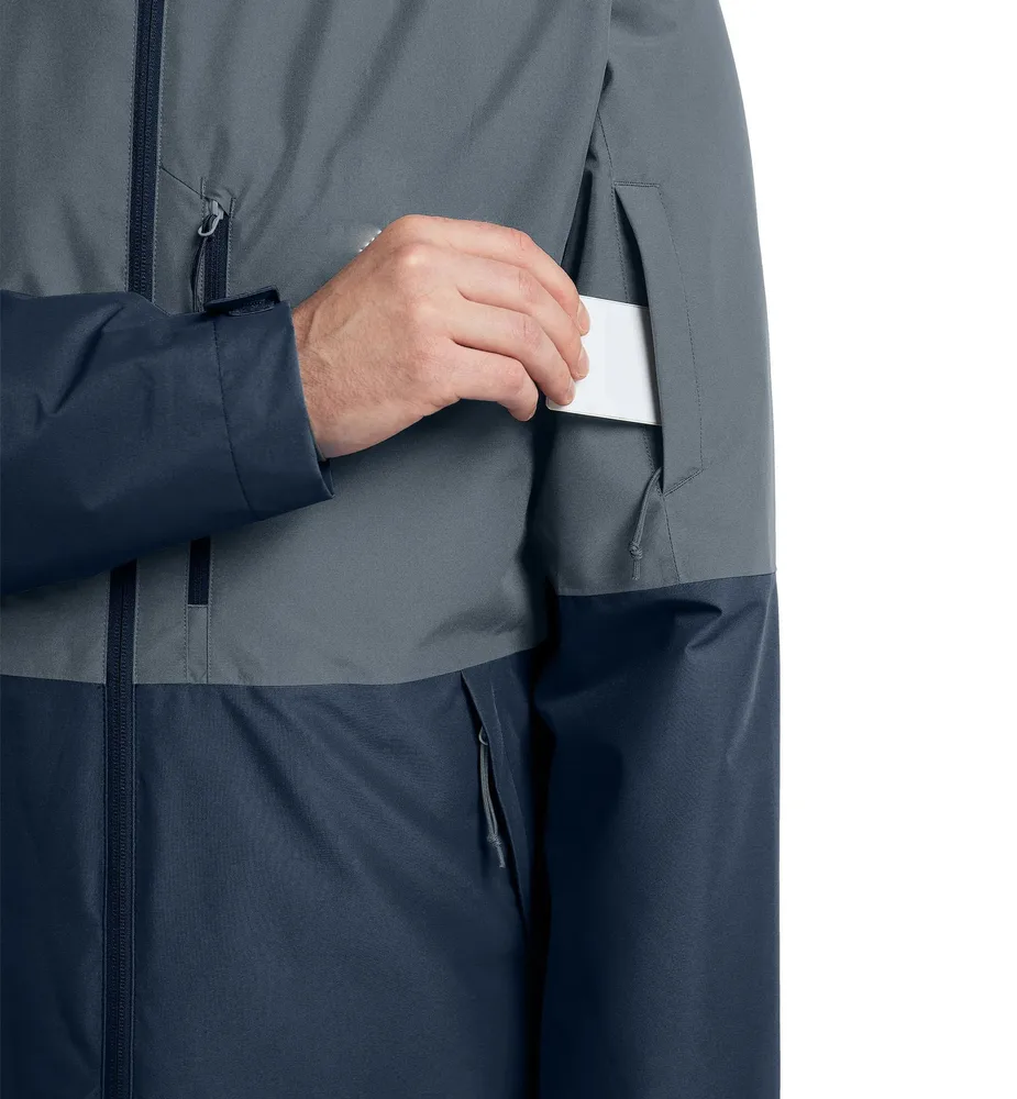 Unisex Insulated Hardshell Jacket — Navy & Grey — Navy & Grey, sleeve pocket detail