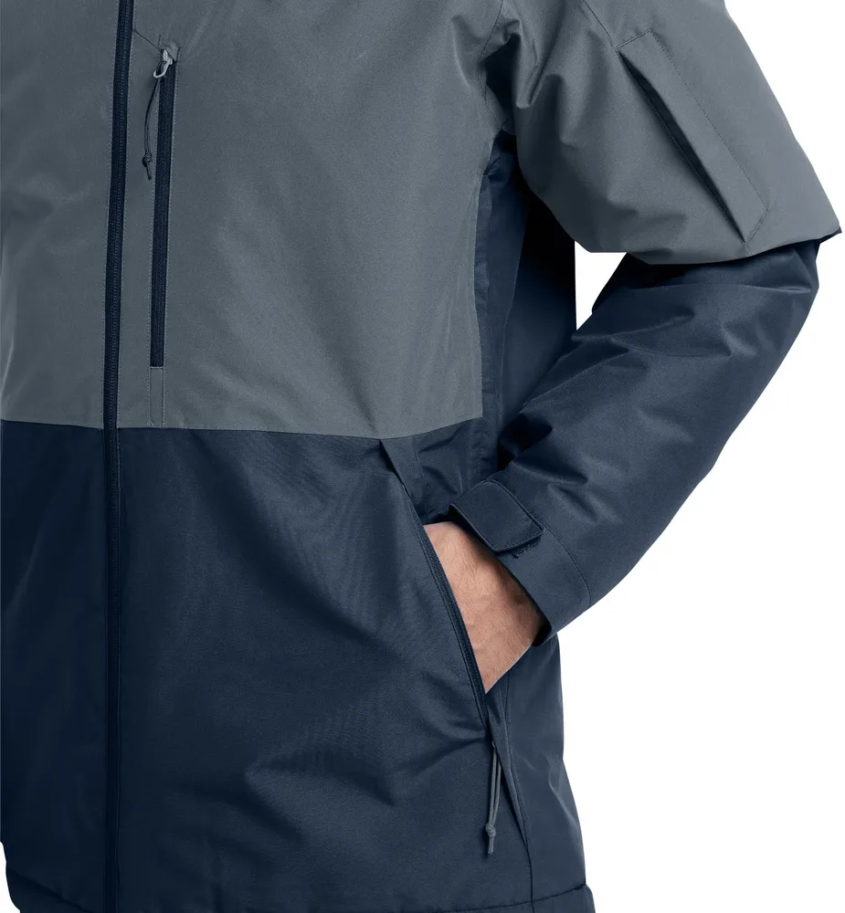 Unisex Insulated Hardshell Jacket — Navy & Grey — Navy & Grey, front pocket detail