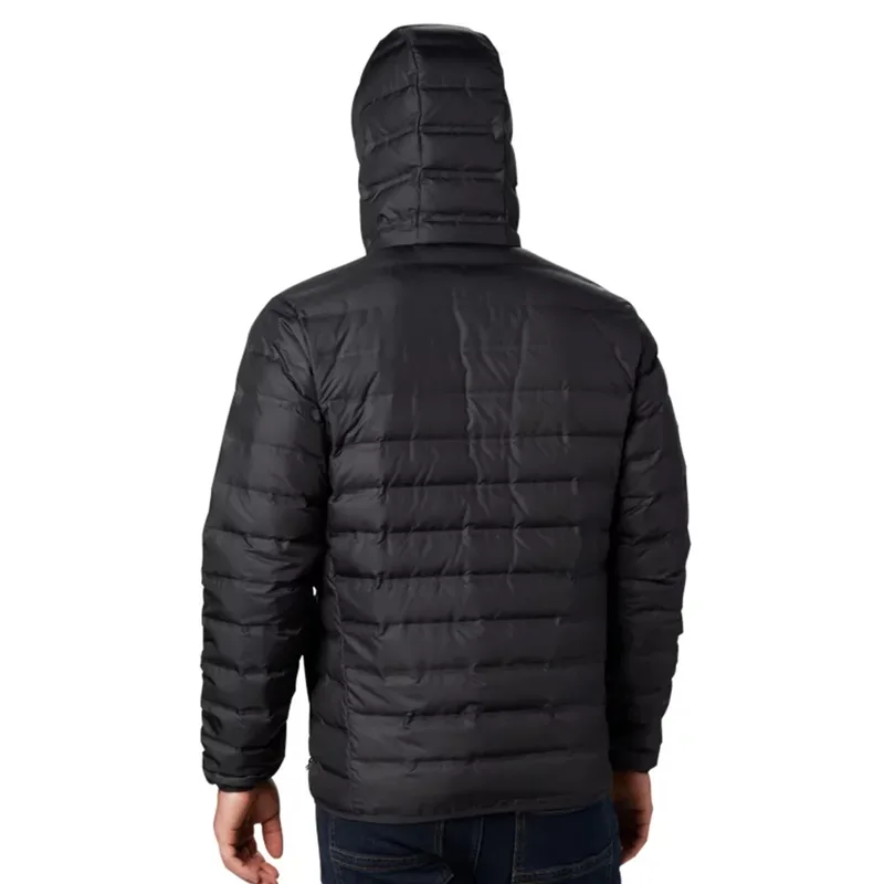 Unisex Lightweight Duck Down Jacket — Black, worn back view, hood up