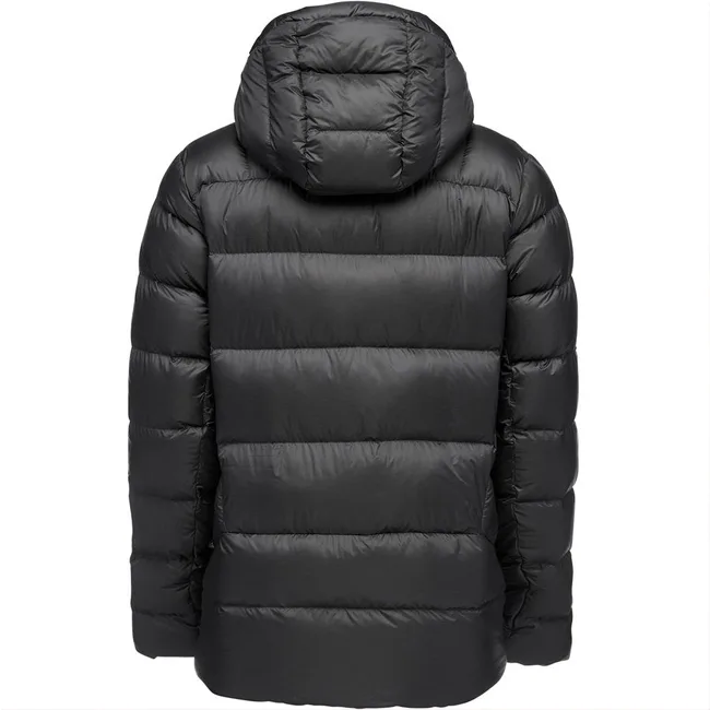 Unisex Long Hooded Quilted Parka — Black — Black, back view, hood up