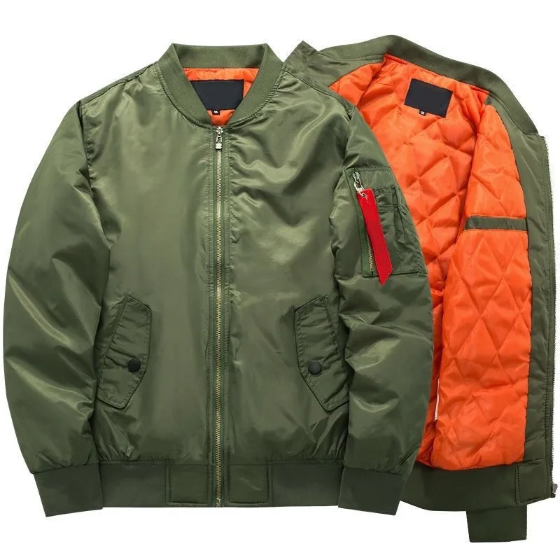 Unisex MA-1 Bomber Jacket — Olive, Black & Navy — Olive Green, open front showing the orange lining
