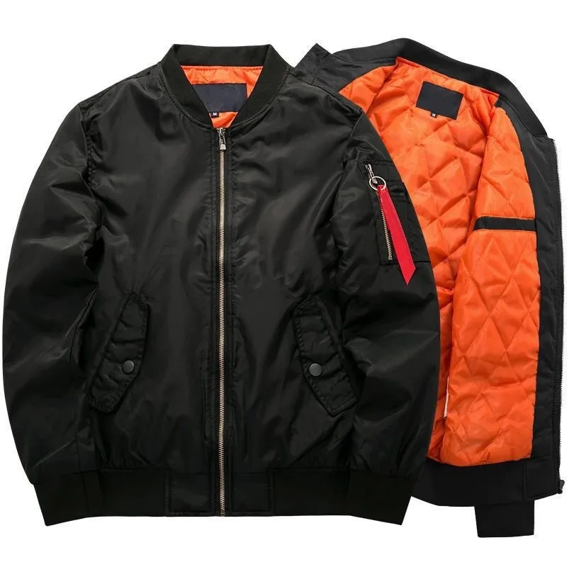 Unisex MA-1 Bomber Jacket — Olive, Black & Navy — Black, open front showing the orange lining