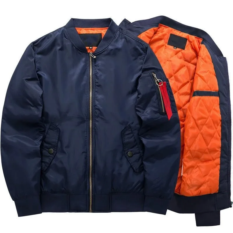 Unisex MA-1 Bomber Jacket — Olive, Black & Navy — Navy, open front showing the orange lining