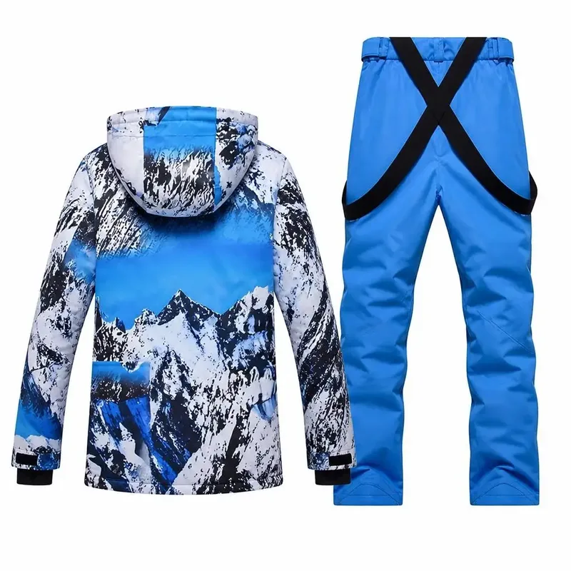 Unisex Mountain-Print Ski Jacket & Pants Set — Mountain Print & Blue, set back view