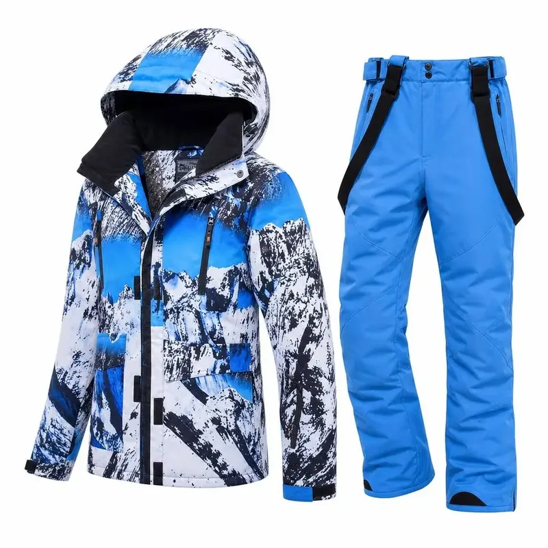 Unisex Mountain-Print Ski Jacket & Pants Set — Mountain Print & Blue, set angled view