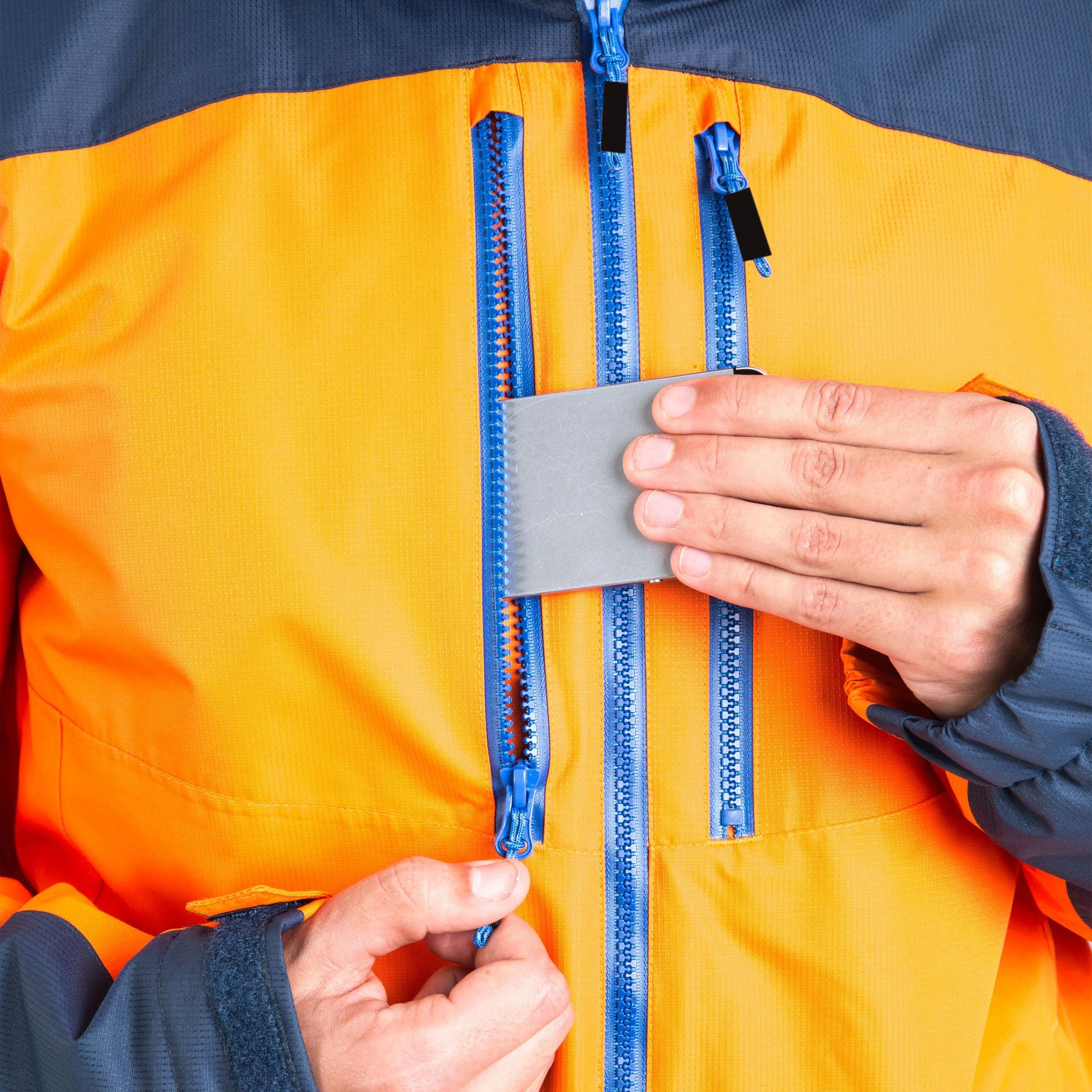 Unisex Multi-Pocket Ski Jacket — Orange & Navy — Orange & Navy, front zip detail