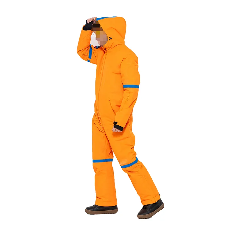 Unisex One-Piece Ski Suit — Orange — Orange, hooded side view
