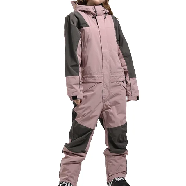 Unisex One-Piece Ski Suit — Pink & Grey — Pink & Grey, worn front view