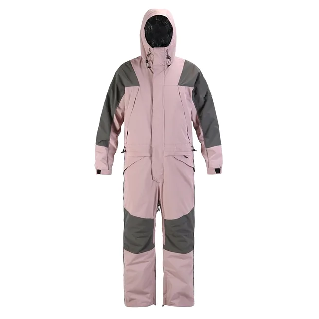 Unisex One-Piece Ski Suit — Pink & Grey — Pink & Grey, flat front view