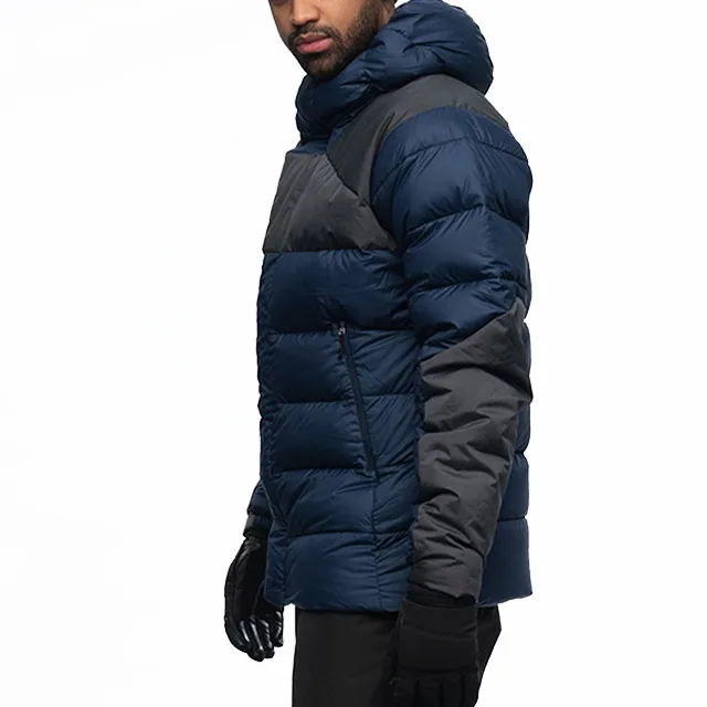 Unisex Padded Jacket — Dark Blue & Charcoal — Dark Blue & Charcoal, side view, worn