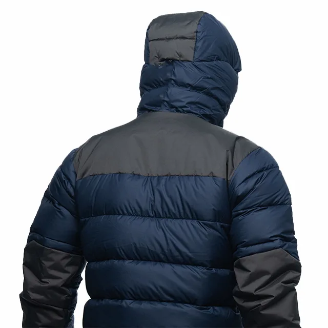 Unisex Padded Jacket — Dark Blue & Charcoal — Dark Blue & Charcoal, back view, hood up