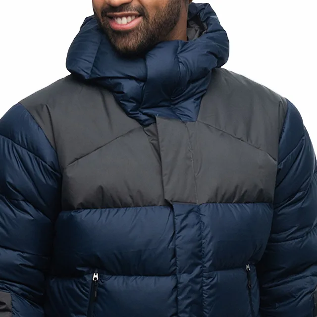 Unisex Padded Jacket — Dark Blue & Charcoal — Dark Blue & Charcoal, front detail, worn