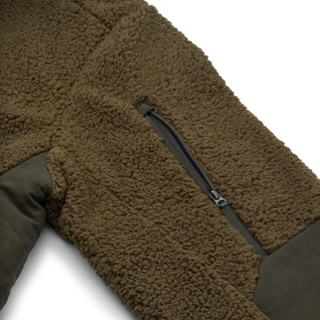 Unisex Panelled Fleece Jacket — Brown & Olive — Brown & Olive, chest pocket detail