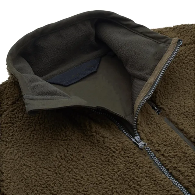 Unisex Panelled Fleece Jacket — Brown & Olive — Brown & Olive, collar detail